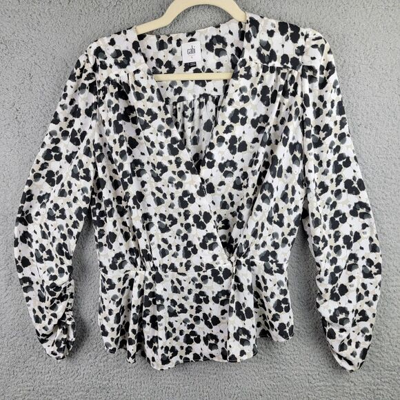 CAbi Blouse Womens Small Office Siren Ruched Sleeves Peplum V Neck Leopard Wrap - Picture 12 of 14